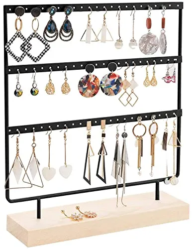 iYInJuan Schmuckständer Ohrringhalter Ohrring Ständer, 3 Tier Metal Organizer mit Stabil Holz Base, Ohrstecker Ohrschmuck-Display Schmuckaufbewahrung, Leicht Nimmt Keinen Platz Ein, Schwarz