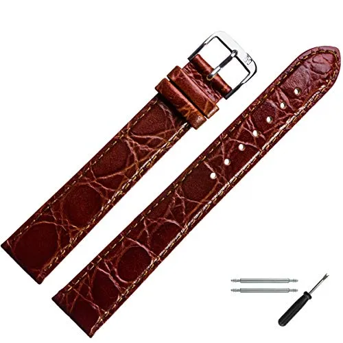 MARBURGER Uhrenarmband 28mm Leder Braun Silber XL Kroko Prägung Mit Naht - Montage Set 6812832000120