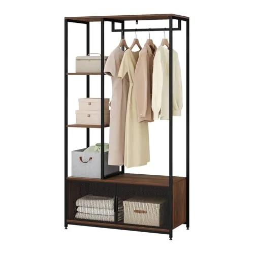 Woltu Garderobenständer mit Lagerschrank - Stylischer Garderobenständer aus Holz und Metall in Dunkelbuche-Schwarz, ideal für Ordnung im Flur und praktischen Stauraum.