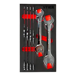 STIER Doppelmaulschlüssel-Satz 12-teilig SW 6-32 mm - Maulschlüssel-Set aus hochwertigem Chrom-Vanadium-Stahl, bietet hohe Drehmomentübertragung und liegt dank Weichschaumeinlage immer griffbereit.