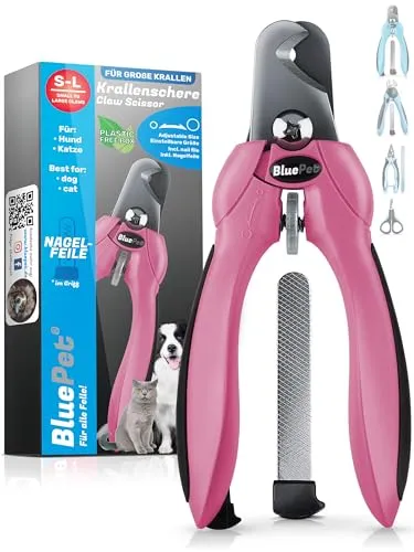 BluePet Profi Krallenschere für Hunde & Katzen I Extra Starker & Scharfer Krallenschneider für Harte Krallen I Einstellbare Krallenzange auf alle Krallendurchmesser + Feile im Griff - Krallenpflege
