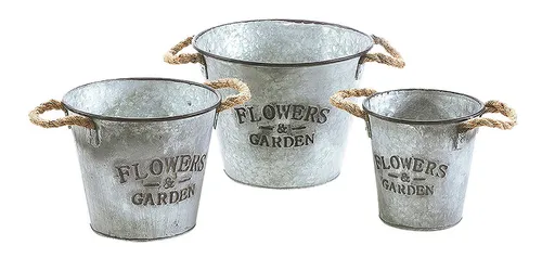 Kobolo Blumentopf Pflanzgefäß rund aus Metall Seilgriffe silber S/3