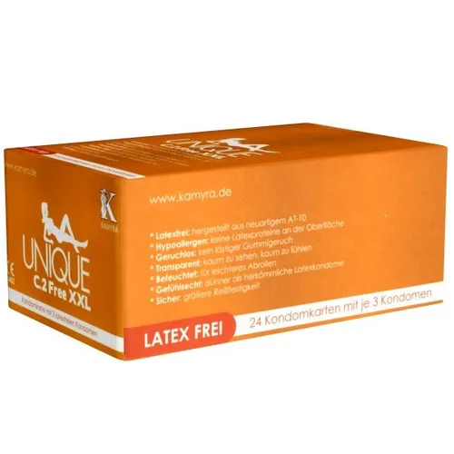 Kamyra Unique C.2 Free XXL Condom Card, gelb - Kondomkarte mit großen latexfreien Kondomen mit flacher Basis und 66mm nominaler Breite, 24 x 3 Stück