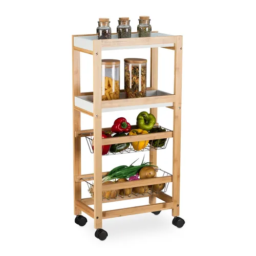 Nischenwagen Rollwagen aus Bambus - Praktisches Nischenregal mit 4 Regalfächern, nur 25 cm breit und ideal für kleine Küchen. Hochwertiges Bambusmaterial sorgt für Stabilität und ansprechendes Design.