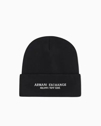 AX ARMANI EXCHANGE Herren Beanie Mütze - Rippstrick mit Logo, One Size Schwarz - Mützen für Herren, elegante Beanie aus feinem Rippstrick mit hochwertiger Logo-Stickerei für besten Tragekomfort und stilvollen Look.