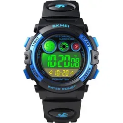 Alienwork Seven-color LED Digital Kinderuhr Jungen Mädchen Schwarz Kautschuk-Armband Kalender Chronograph Sportlich Multi-funktion