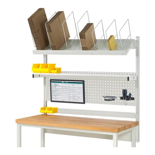 Rau System-Aufbau Komplettset 03 für 150 cm Arbeitstisch/Werkbank - Vielseitiges Systemset für Arbeitstische und Werkbänke, inklusive Lochplatte, Etagenboard und Flachbildschirmhalterung. Maximale Traglast von 100 kg, ideal für effizientes Arbeiten.