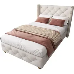 Polsterbett(Beige)mit Lattenrost und Kopfteil, Knopfpolsterung, Nietenpolsterung, Holzbeine, Samt - Beige