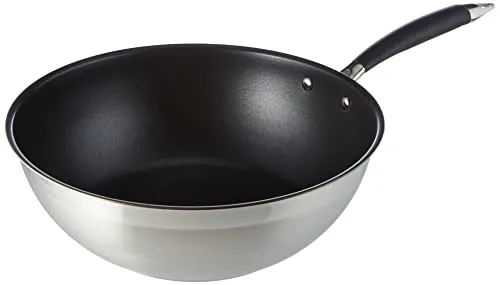 Amazon Basics Wok-Pfanne, 28 cm, Schwarz - Wok-Pfanne (28 cm) aus Edelstahl mit antihaftbeschichteter Oberfläche, ideal für gesundes Kochen ohne PFOA. Geeignet für alle Kochfelder, backofenfest bis 175 °C und spülmaschinengeeignet.