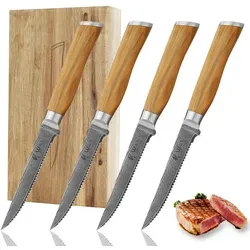 Wakoli 4er Damast Steakmesser-Set mit Olivenholzgriff - Küchenmesser-Set aus 67 Lagen Damaststahl, ideal für Fleischliebhaber und Grillfans, mit langlebigem Olivenholzgriff und scharfen Klingen für müheloses Schneiden.