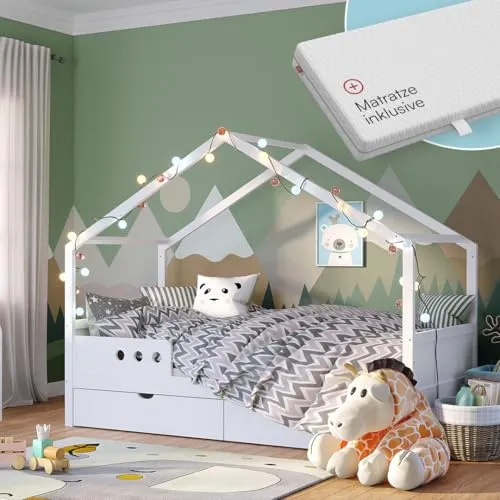 Bellabino Bela Kinderbett 90x200 cm – Hausbett mit Rausfallschutz und Matratze - Sicheres Kinderbett 90x200 cm mit Rausfallschutz und stabiler Bauweise. Praktische Schublade für Spielzeug und eine integrierte Matratze sorgen für Komfort und Ordnung im Kinderzimmer.