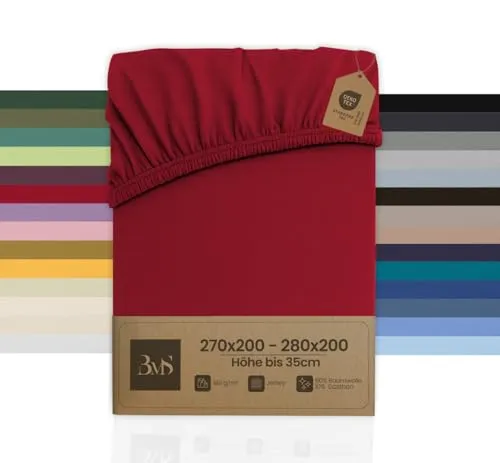 Bettwaesche-mit-Stil Familienbett Spannbettlaken Jersey Spannlaken Spannbetttuch (270x200-280x200 cm, Matratzenhöhe bis 35cm, Rot) Gewicht: 180g/m², 90% Baumwolle 10% Elasthan