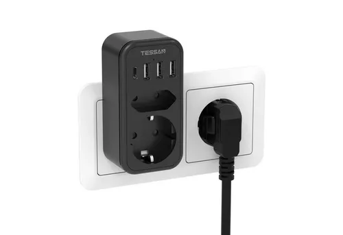 TESSAN 2-fach Steckdosenadapter 3600W mit 4 USB-Anschlüssen - Erweitern Sie eine Steckdose auf 1 Schuko- und 1 Eurosteckdose sowie 4 USB-Anschlüsse. Ideal für alle elektronischen Geräte, platzsparend und mit optimierter Kabelführung für mehr Ordnung im Alltag.