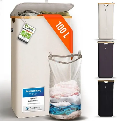 HENNEZ Wäschekorb mit Griff aus Bambus, 100 l – Dunkelgrau und Beige - Wäschekorb aus nachhaltigem Bambus mit praktischem Deckel, ideal für stilvolle Aufbewahrung und Platzersparnis in jedem Raum.