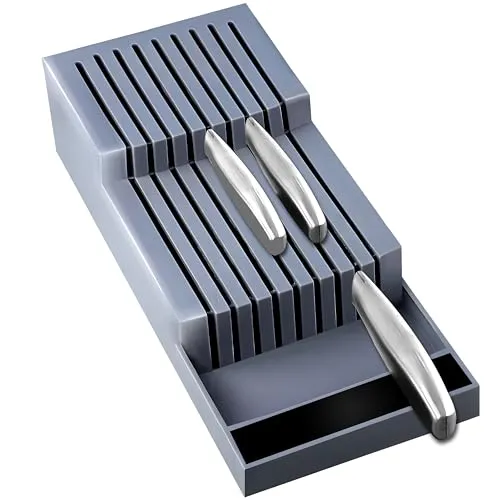 Retoo Messerblock 40 cm für 18 Messer, Professional Liegend Zweistufiger Universeller Messerhalter für bis 6 große Küchenmesser, Schubladeneinsatz für Küchenutensilien, Küche, Büro, Werkstatt, Grau