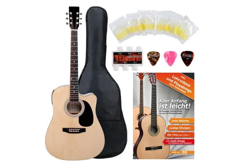 Classic Cantabile Westerngitarre mit Tonabnehmer WS-10-CE, Dreadnought-Style mit Cutaway, Starter-Set, Inkl. Tasche, Plektren, Ersatz-Saiten und Stimmpfeife, 3-Band-EQ (Bass, Middle, Treble) + Presence