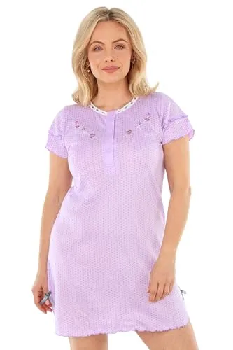 Schuerzenfabrik - Nachthemd Damen mit Spitze und Stickerei gepunktet kurzer Arm Nachtkittel Nachtgewand Schlafhemd Nachtwäsche Größe L / 44, lila