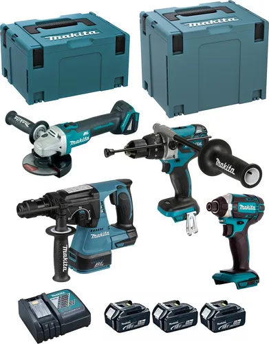 MAKITA Kit DLX4050TJ – 5-teiliges Werkzeugset mit 3 x 5,0 Ah Akkus - Werkzeugsets mit Schlagbohrschrauber, Schlagschrauber, Kombihammer und Mini-Winkelschleifer. Optimal für Profis durch hohe Leistung, ergonomisches Design und umfangreiche Zubehöroptionen.