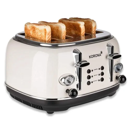 Korona Toaster 4 Scheiben Creme - Retro Design mit Röstgrad Anzeige - Toaster für 4 Scheiben, mit 1630W Leistung und Retro-Röstgradanzeige. Perfekt für knusprige Toasts und Brötchen, inklusive Auftau- und Aufwärmfunktion.