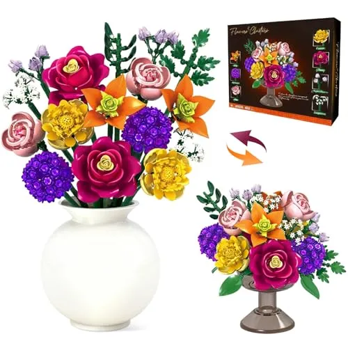 OKKIDY Blumenstrauß-Bauset 933 Teiliges–DIY Baustein-Blumen, Künstliche Botanische Sammlung mit Hortensien, Brodiaea, Rosen, Heim & Büro Dekoration für Erwachsene, Weihnachten, Valentinstag
