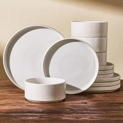 Richmount Star 12-teiliges teller set, Geschirrset 4 personen, Steingut Geschirr Set, Anti-Kratzer Tafelservice, Mikrowellen & Spülmaschinenfest, Mattes Beigeweiß