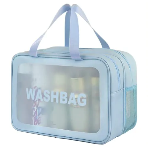 SZDPC Groß Kulturbeutel Damen & Herren, Reise Kulturtasche mit Tragegriff, matt durchscheinende Duschtasche (Blue-XL)