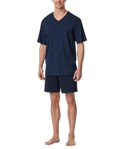 Schiesser Herren Schlafanzug kurz V-Ausschnitt - Schlafanzüge für Herren, komfortables Pyjamaset mit kariertem Oberteil und weicher Hose aus Single-Jersey für besten Schlafkomfort.