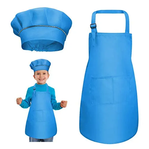 kissral Kinder Schürze und Kochmütze Set, Verstellbare Kinder Kochschürze Kinderschürze zum Bemalen Schürze Küchenschürze Bastelschürzen mit Taschen zum Kochen Backen Malen 4-12 Jahre alt L (Blau)
