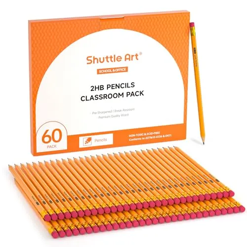 Shuttle Art HB Bleistifte, 60 Stück vorgespitzte gelbe Bleistifte mit Radiergummi, Graphitstifte in Großverpackung, bleistifte set für Kinder und Erwachsene zum Schreiben, Zeichnen und Skizzieren