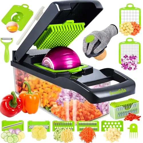 Swetfela 18-in-1 Gemüseschneider & Gemüsehobel, Multifunktionaler Vegetable Chopper Dicer mit 7 Klingen, Zwiebel Zerkleinerer Gemüsezerkleinerer Set mit Handschuh, Reinigungsbürste und Schäler
