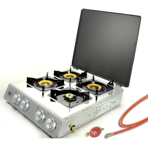 Edelstahl Gaskocher 4 flammig 12 KW - Kochfelder: Robuster Gaskocher aus Edelstahl mit 4 leistungsstarken Brennern, ideal für Camping und Outdoor-Kochen.