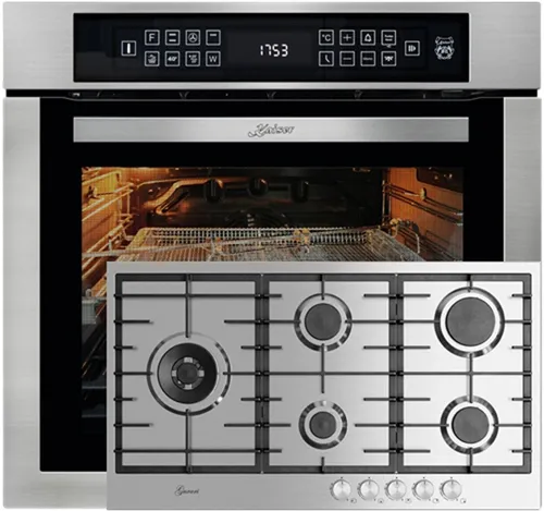 Kaiser Küchengeräte Backofen-Set Herd Set Autark Einbaubackofen,Edelstahl,79L 15 Fkt., 60 cm+Gas-Kochfeld 90 cm, Edelstahl, 4,0 KW WOK, 5 Gasbrenner,Erdgas, FL.Gas EH 6306 R+GCH FG 905, mit 1-fach-Teleskopauszug