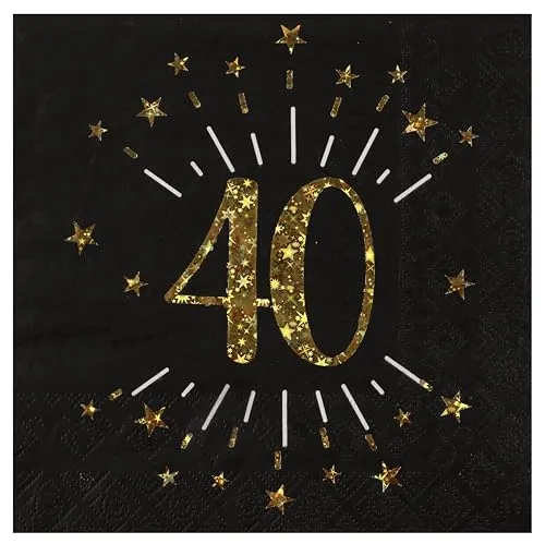 Papierservietten, Motiv: Joyeux Anniversaire 40, Schwarz und Gold, 18 x 33 cm 10