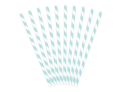 partydeco Trinkhalme, Papierstrohhalme diagonal gestreift 19cm weiß blau 10er Set