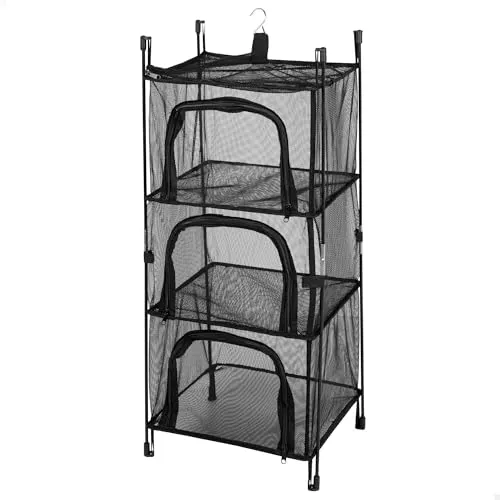 AKTIVE Hängeschrank-Organizer, 38 x 36 x 87 cm, Campingregal, 3 Ebenen, oberes Regal, 1 Haken, faltbarer Schrank, Polyester-Netzgewebe, schwarz, tragbare Aufbewahrungstasche (63073)