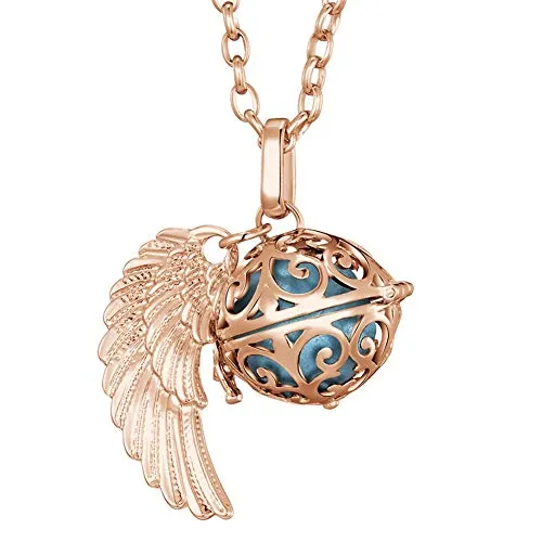 Morella Halskette Damen roségold Edelstahl 70 cm mit roségoldenem Anhänger Engelsflügel und Klangkugel hellblau Ø 16 mm in Schmuckbeutel