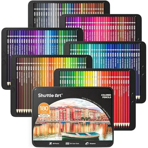Shuttle Art 180 Buntstifte Set - Professionelles Set mit 180 leuchtenden Farben in robuster Eisenbox, ideal für Künstler und Farbenthusiasten. Inklusive 4 Spitzern und DIY-Malblatt für individuelle Farbauswahl.