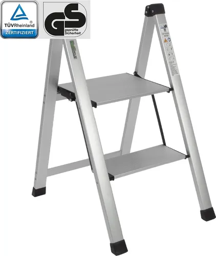 TRUTZHOLM Alu Trittleiter 2-stufig klappbar - Leiter aus Aluminium mit 150 kg Traglast, TÜV/GS geprüft und Anti-Rutsch-Stufen. Ideal für Haushalt und Werkstatt, nur 3,2 kg leicht und platzsparend klappbar.