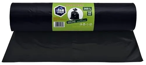 PAM-FOLIE Universal-Müllsäcke 360L - 10 Stück - XXL Große, Starke, Dicke Abfallsäcke, Basic - 120x150cm - 35µm - schwarzer Müllbeutel - robuste Mülltüten - Regranulatfolie