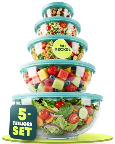 uandu 5er Glas-Salatschüssel Set mit Deckel – Hochwertige Rührschüsseln für jede Küche