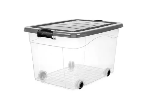 KONZEPT Stapelbox Aufbewahrungsbox 40L mit Deckel & hochwertigen Rollen – bez BPA (1 St), stabilny Verschlüsse, przezroczysty – ​​für Haushalt & Büro