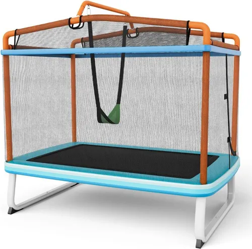 Rechteckiges 3-in-1-Trampolin für Kinder 190 x 124 cm großes Freizeittrampolin mit Netz Blau + Orange