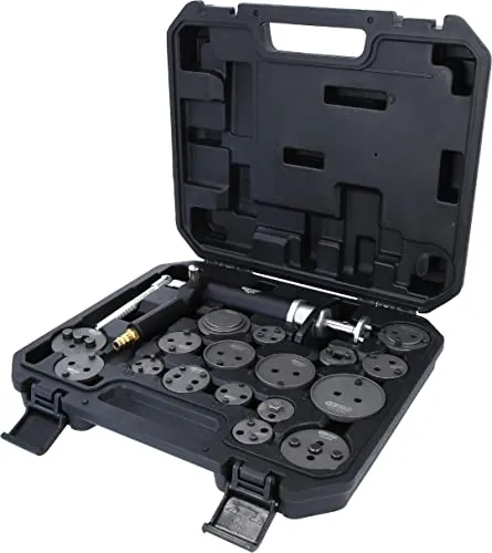KS Tools 150.2000 Druckluftspindel-Bremskolbenwerkzeug-Satz, 18-tlg. - Bremssattelwerkzeugset, beschädigungsfreies Zurücksetzen des Bremskolbens mit automatischem Gewindeanpassungssystem für effizientes Arbeiten.