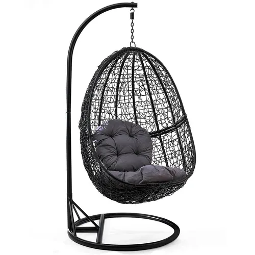 Luxus Hängesessel Korb Polyrattan mit Gestell Schwarz und Sitzkissen Grau