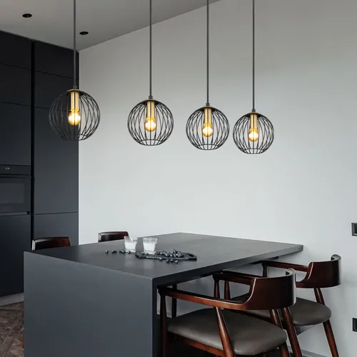 Elegante Hängeleuchte in Schwarz mit Messingakzenten - Moderne Hängelampe für Esstische, 4x E27 Fassungen für individuelle Lichtgestaltung, höhenverstellbar bis 150 cm, perfekte Ergänzung für stilvolle Innenräume.