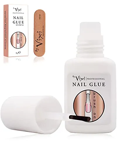 By Vixi 8g EXTRA STARKER NAGELKLEBER mit BÜRSTE und GRATIS VORBEREITUNGSDATEI Klarer Sofort-Trockenkleber, professionelle Salonqualität