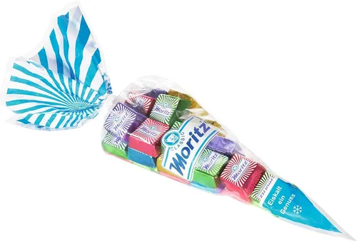 Moritz Eiskonfekt Würfel Spitztüte 200g - Fruchtgummis & Marshmallows, köstliche herzhafte Schokolade umhüllt zarte Eiskonfekte – ein einzigartiger Genuss!