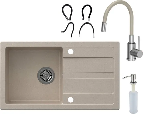 VBChome Spülbecken mit Armatur 77 x 44 cm Beige Einzelbecken Einbauspüle Abtroffläche Gesprenkelt Reversibel Granitspüle Siphon Spülmittelspender Armatur