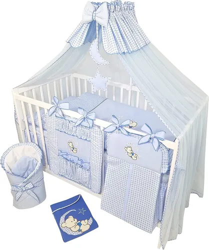 Bello24 Babybett Happy Leo - 16-teiliges Komplettset - Kleinkindbett aus massivem Holz mit höhenverstellbarer Matratze, inklusive liebevoller Bettwäsche und Betthimmel für einen komfortablen und sicheren Schlaf.