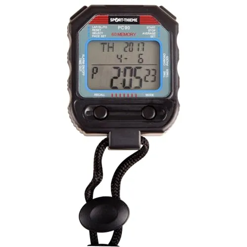 Sport-Thieme Stoppuhr Delta - Handstoppuhr mit Spritzwasserschutz, ideal für Sport und Training. Anzeige der schnellsten/langsamsten Durchschnittsgeschwindigkeit und praktischer Umhängekordel für freihändiges Tragen.